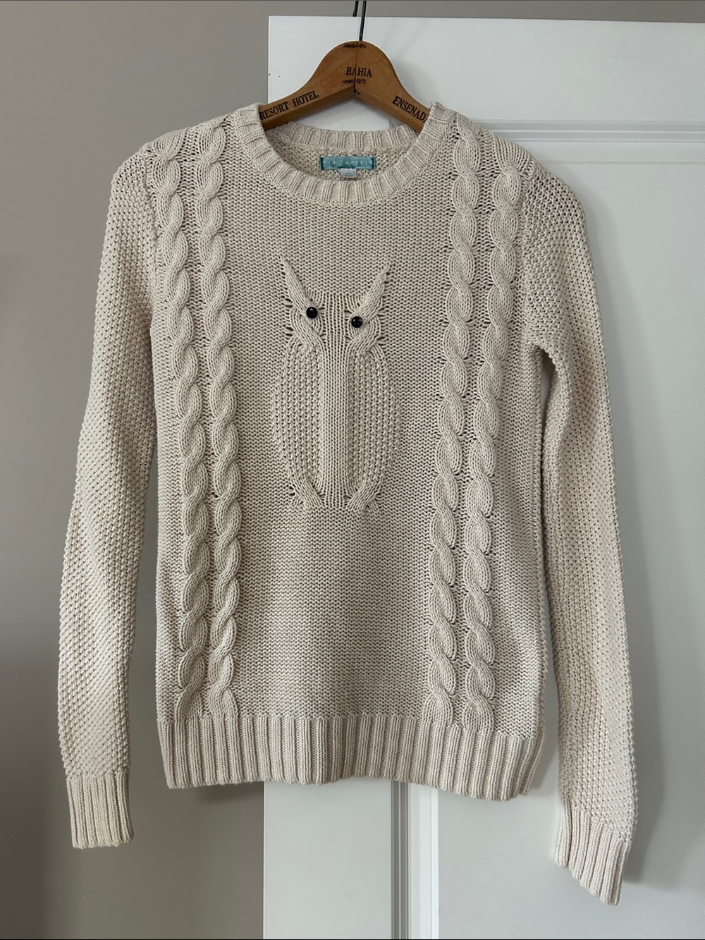 Pim + Larkin Owl Cable Knit Sweater Sz XS w MEASUREMENTS Metallic Silver Detail